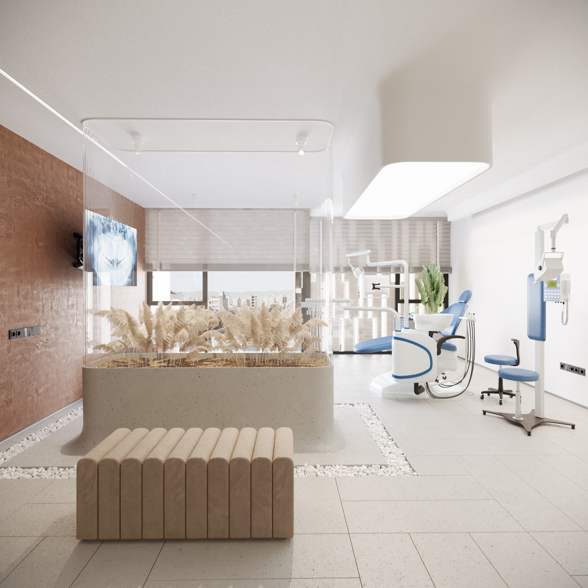 Binar Building House — Interior reception and planted divider