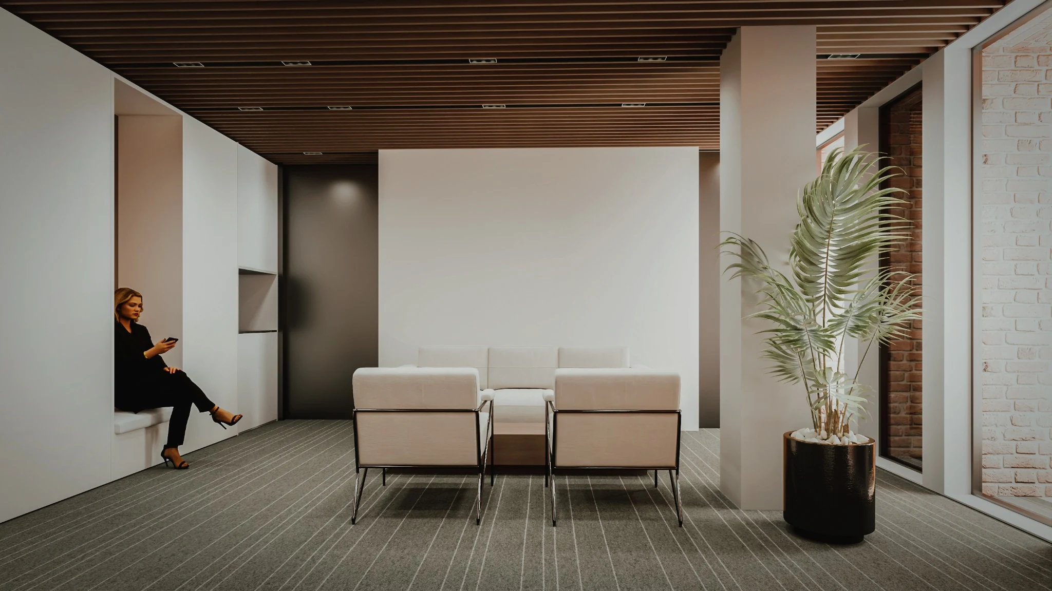 Derakhshani Office & Commercial Building — Waiting area and timber ceiling