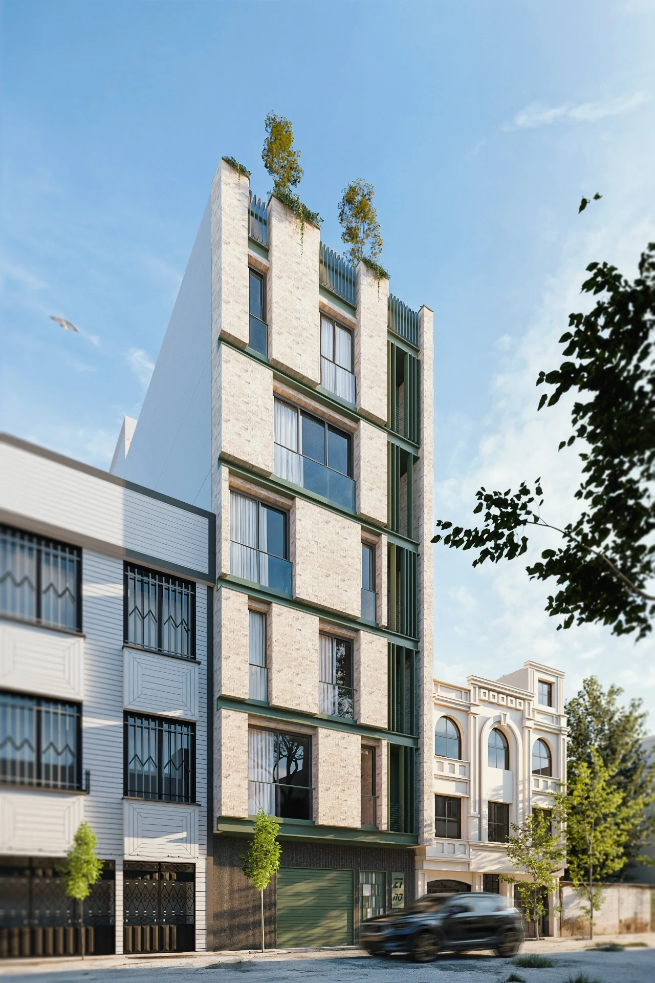 Hema Building No.01 — Corner perspective and planted roof