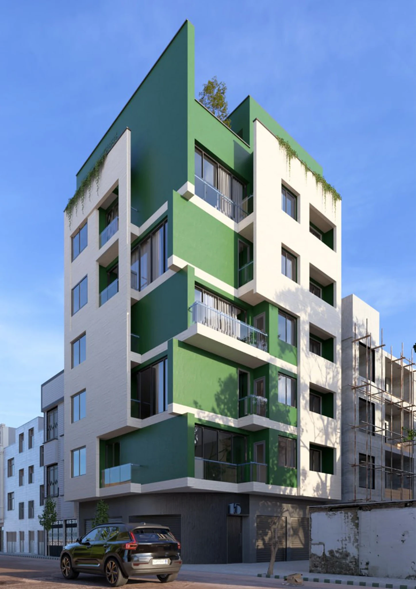 Hema Building No.02 — Material study: deep green façade