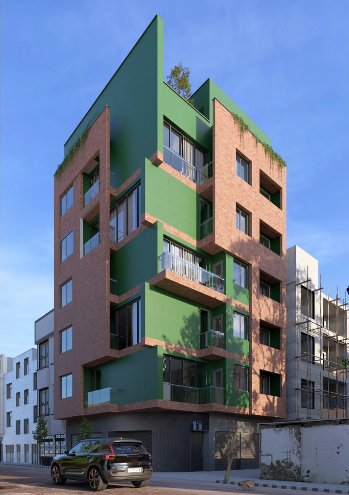 Hema Building No.02 — Material study: green finish and brick