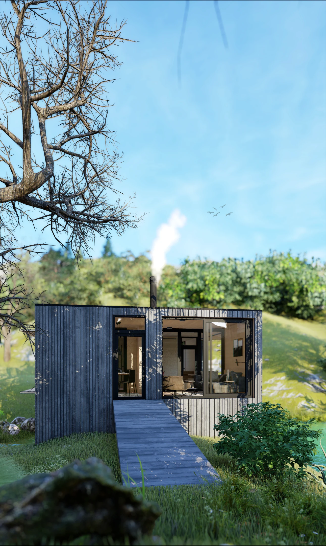 Bridge House — Entrance approach through the landscape