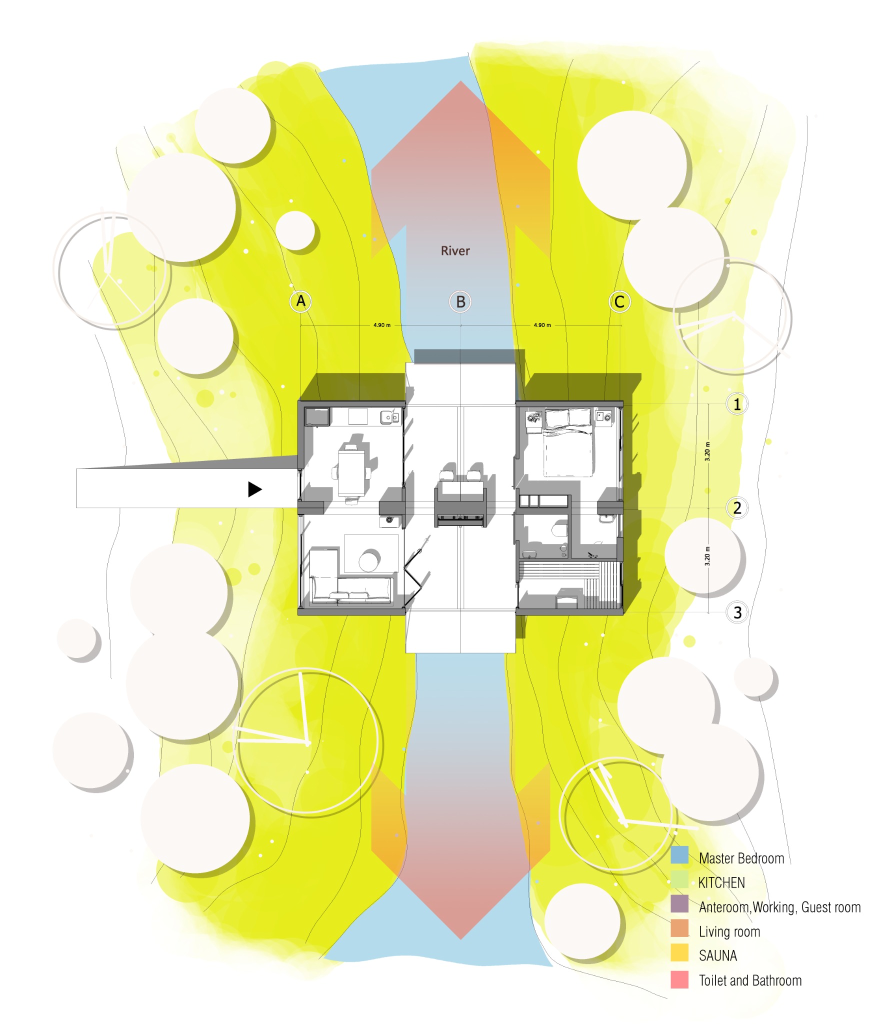 Bridge House — Plan: modular rooms, shared space and site