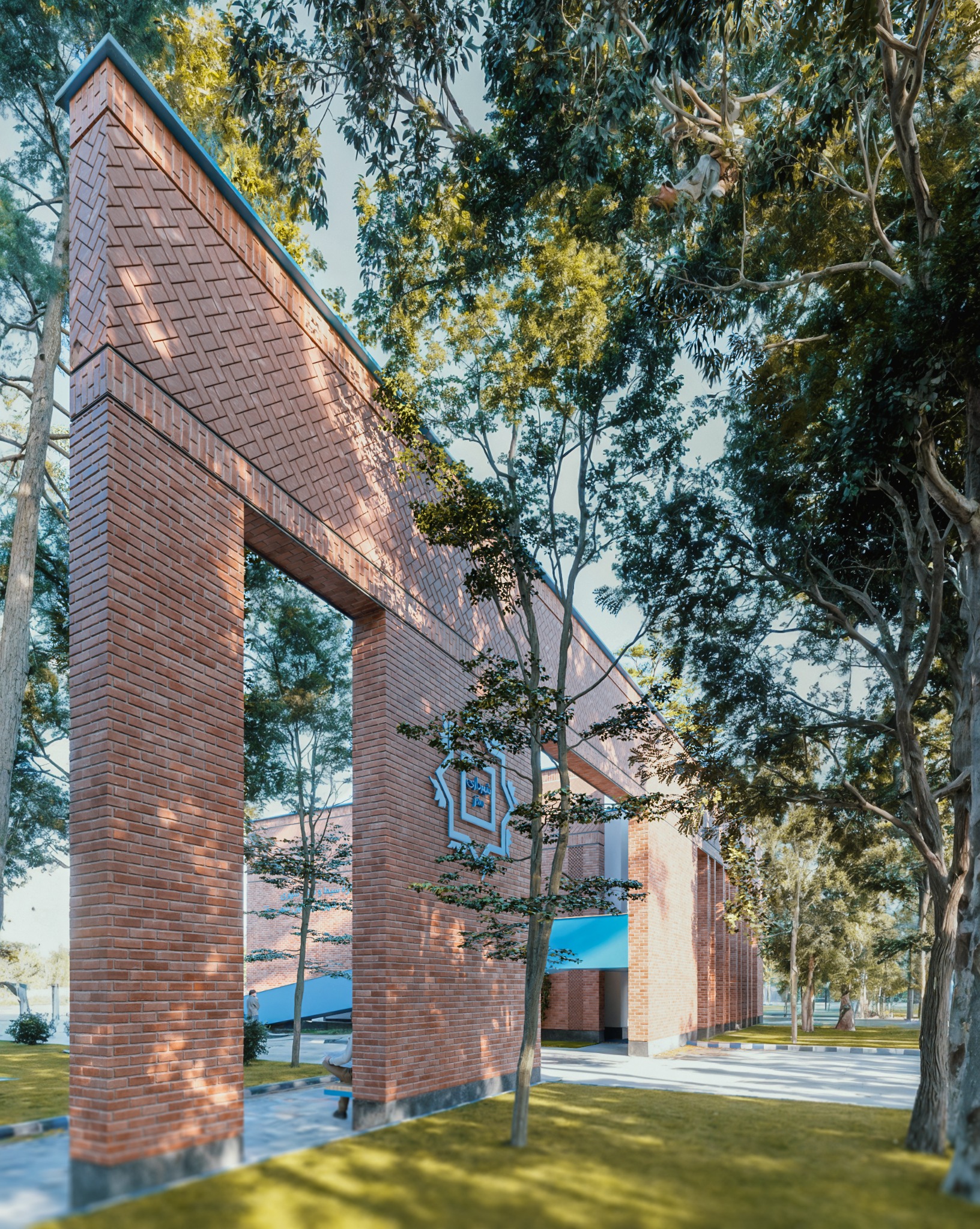 Municipal Office Building — Brick arcade in the garden