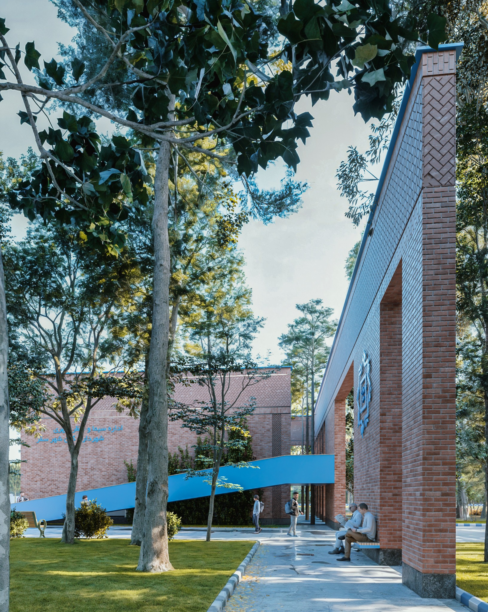 Municipal Office Building — Garden walkway and blue public connector