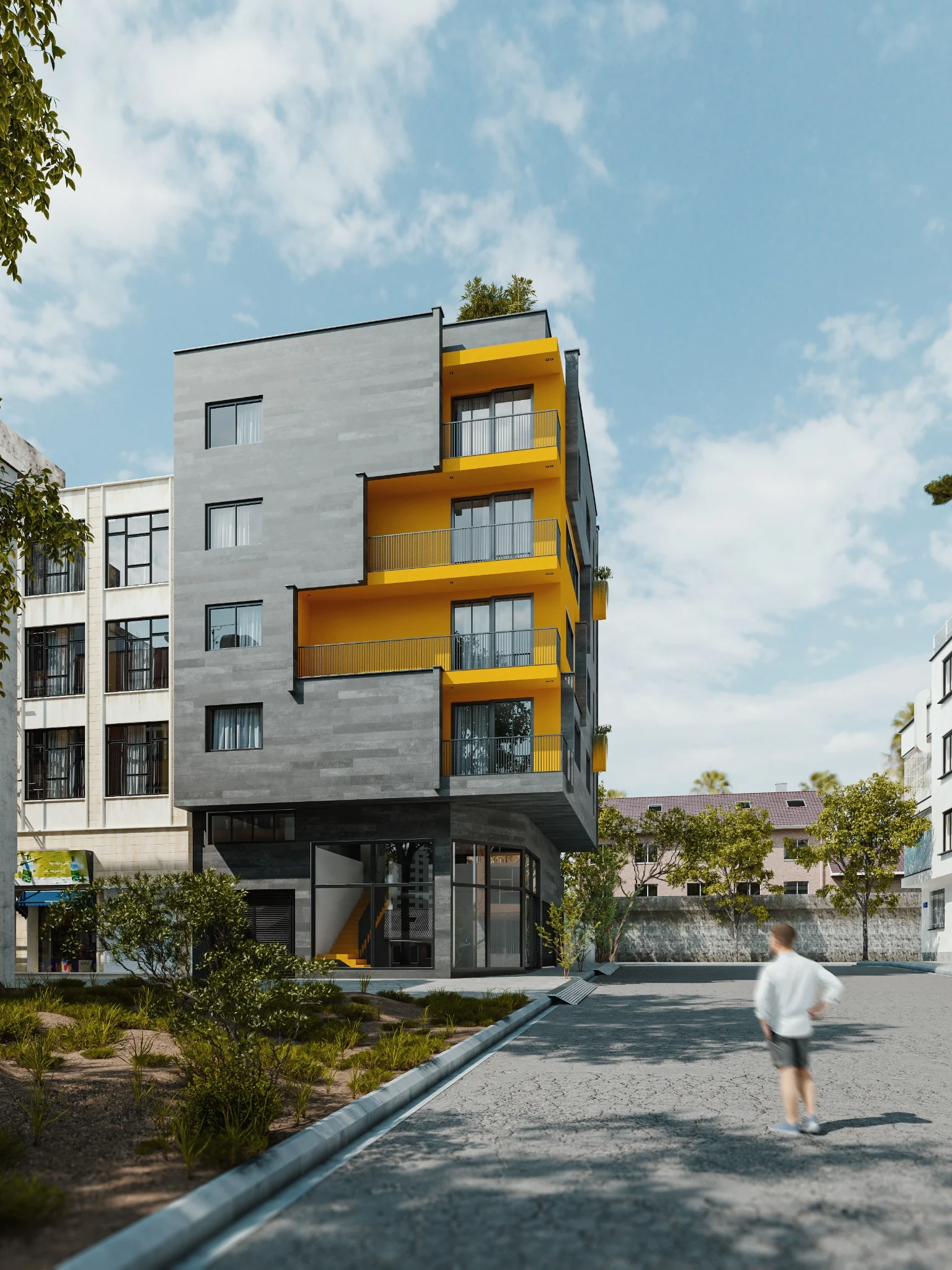 Shahrak Residential Building — Approach along the residential street