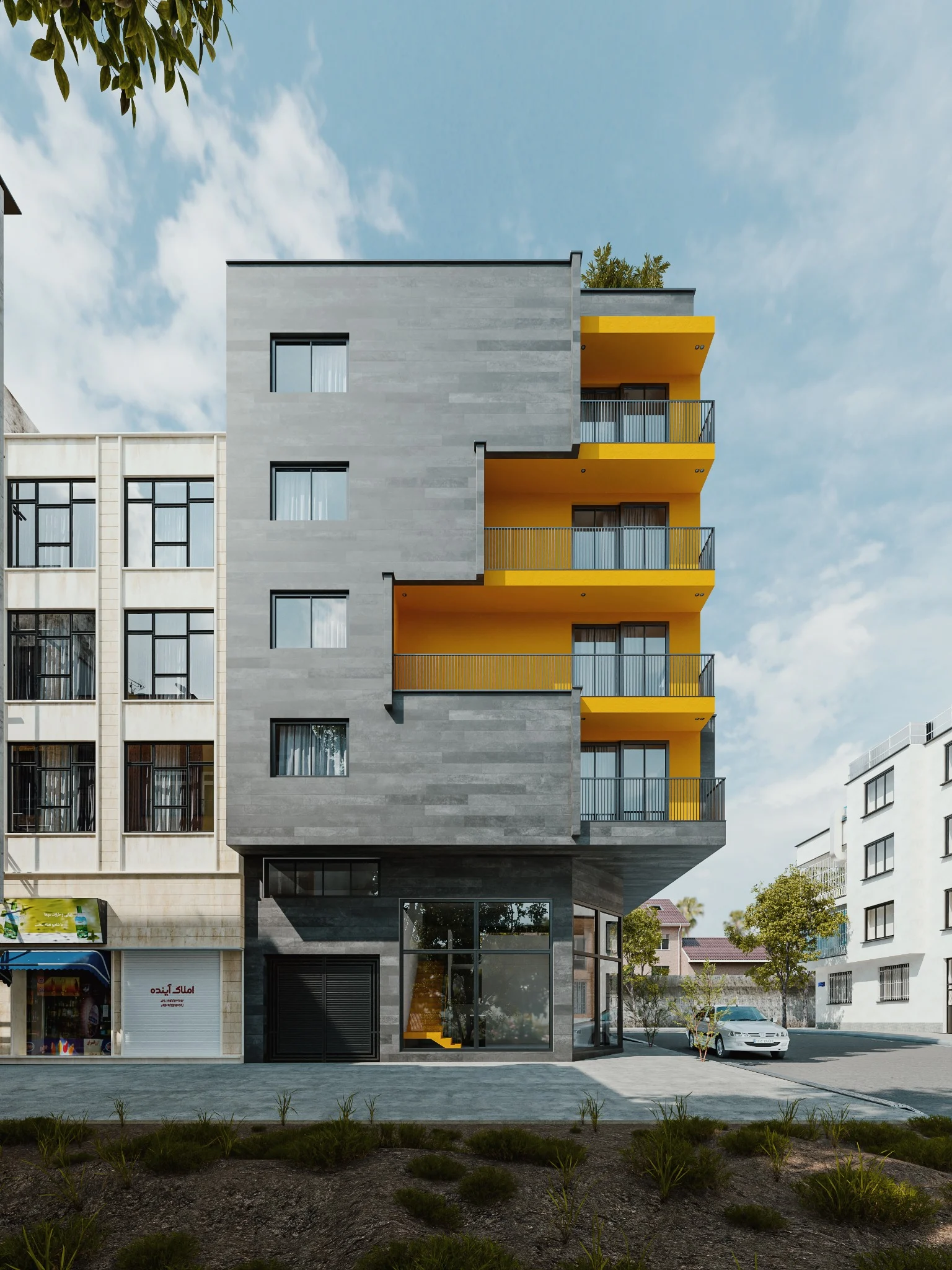 Shahrak Residential Building — Street elevation and projecting balconies