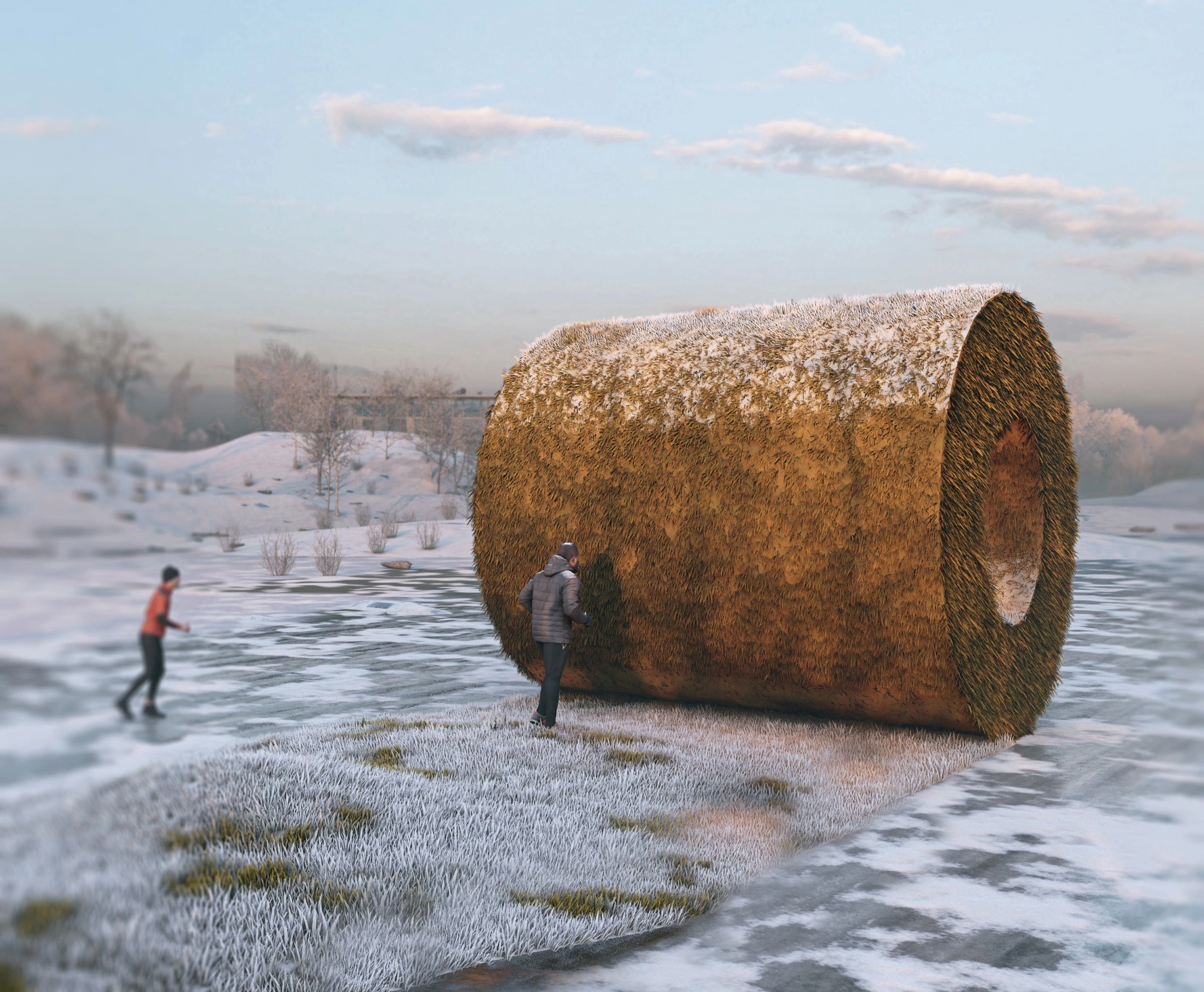 Unrolled Huts — Winter view of the inhabitable hay roll