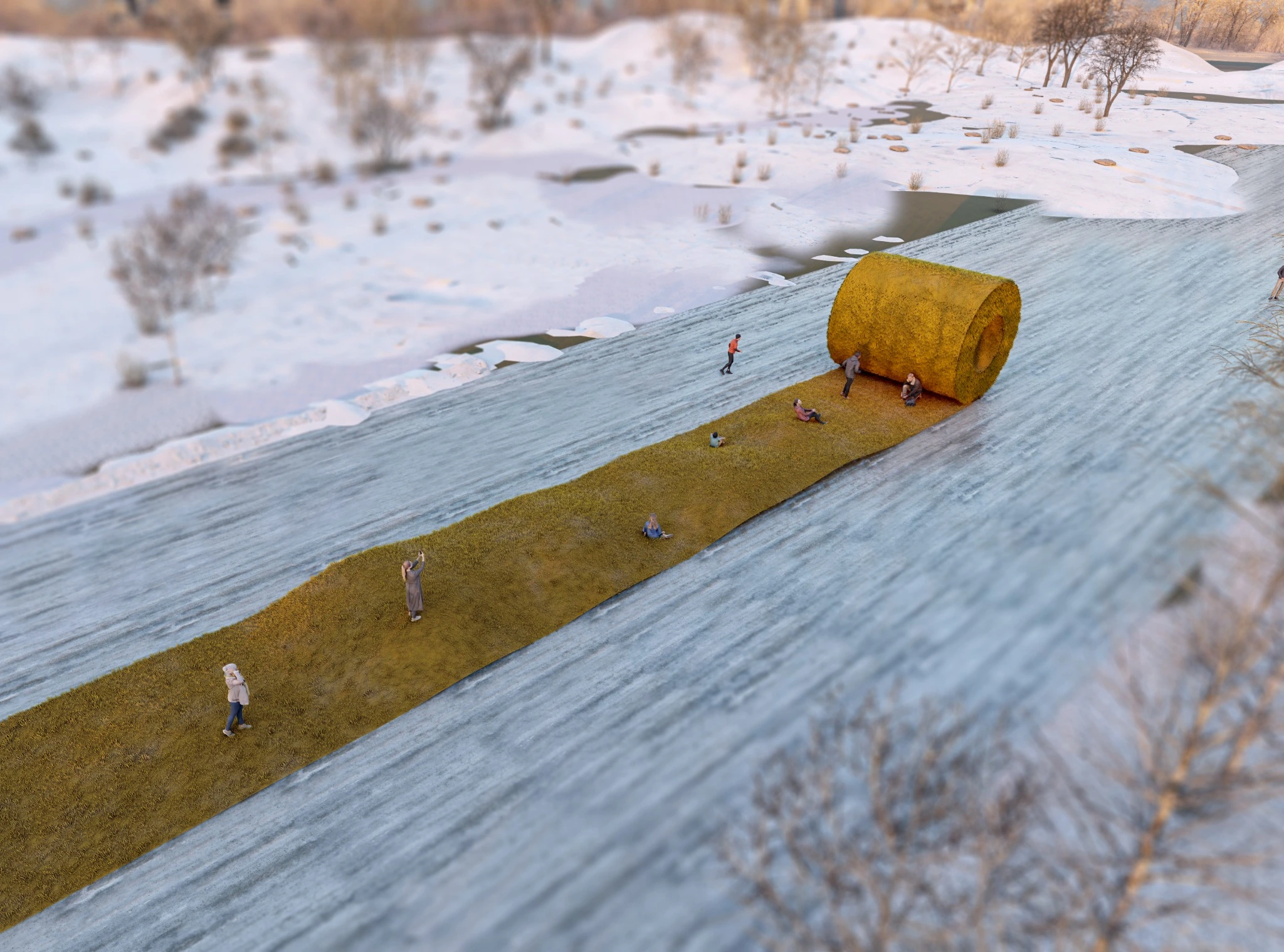 Unrolled Huts — The landform and visitor route