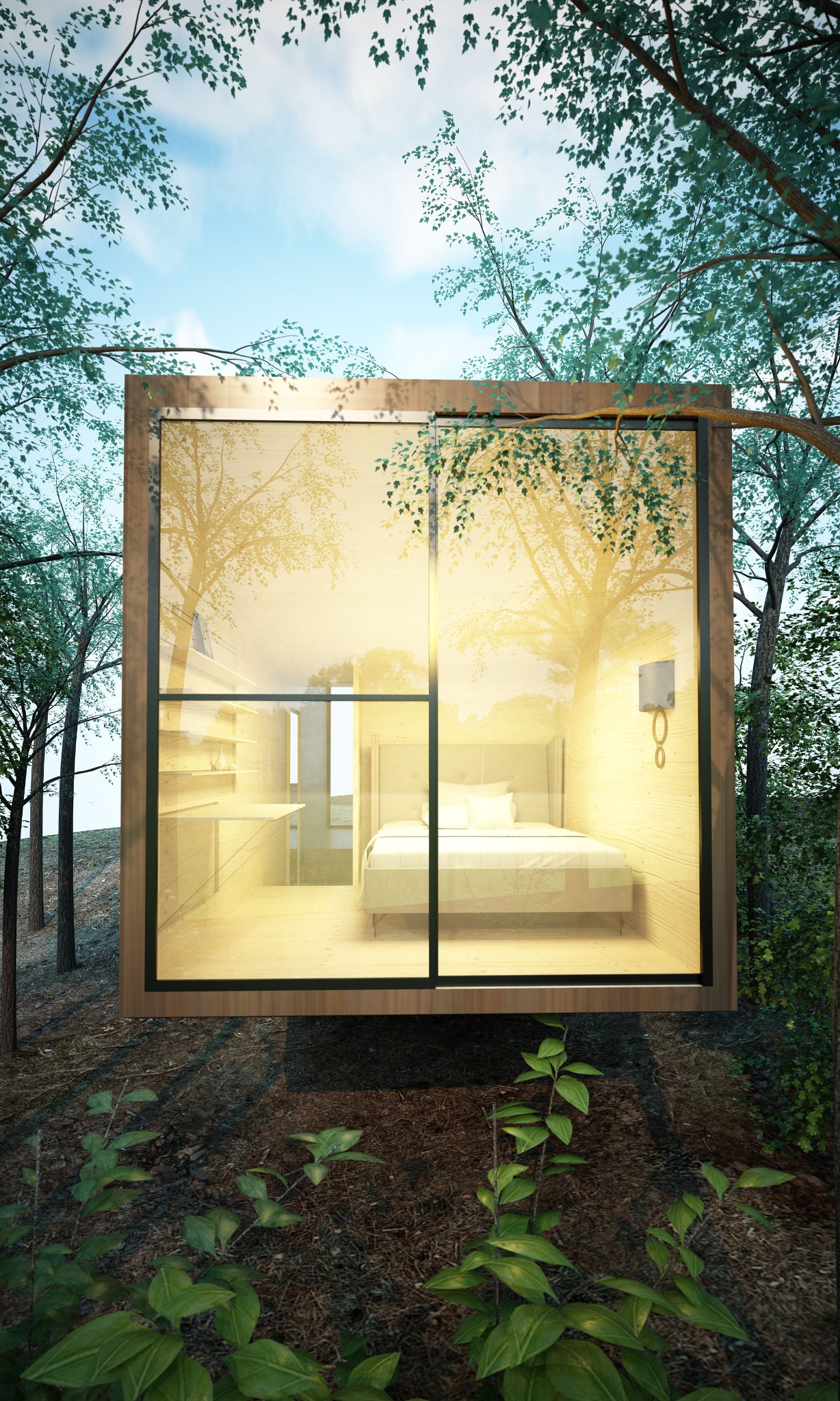 Wave House — Glazed front elevation in the forest