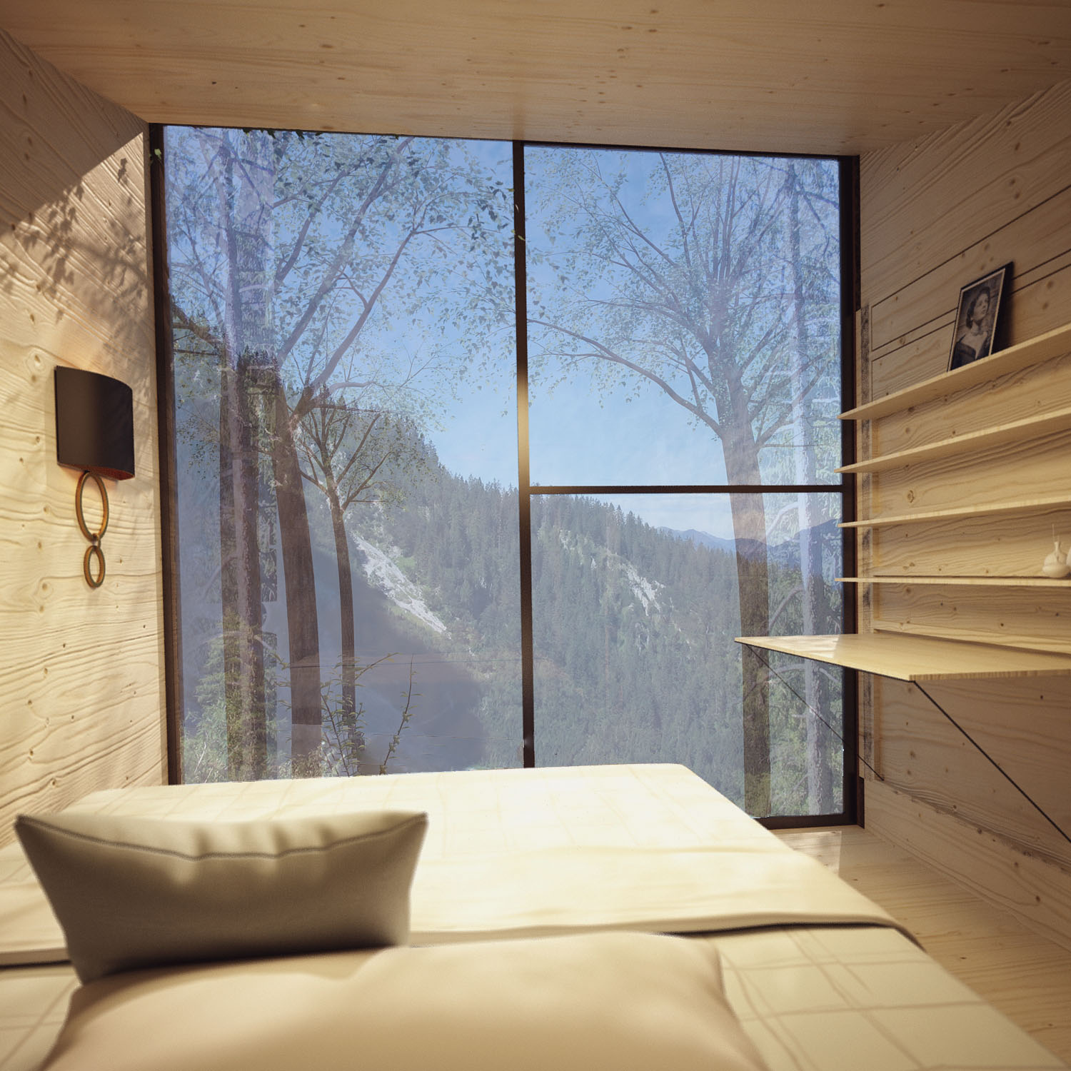Wave House — Bedroom and framed landscape